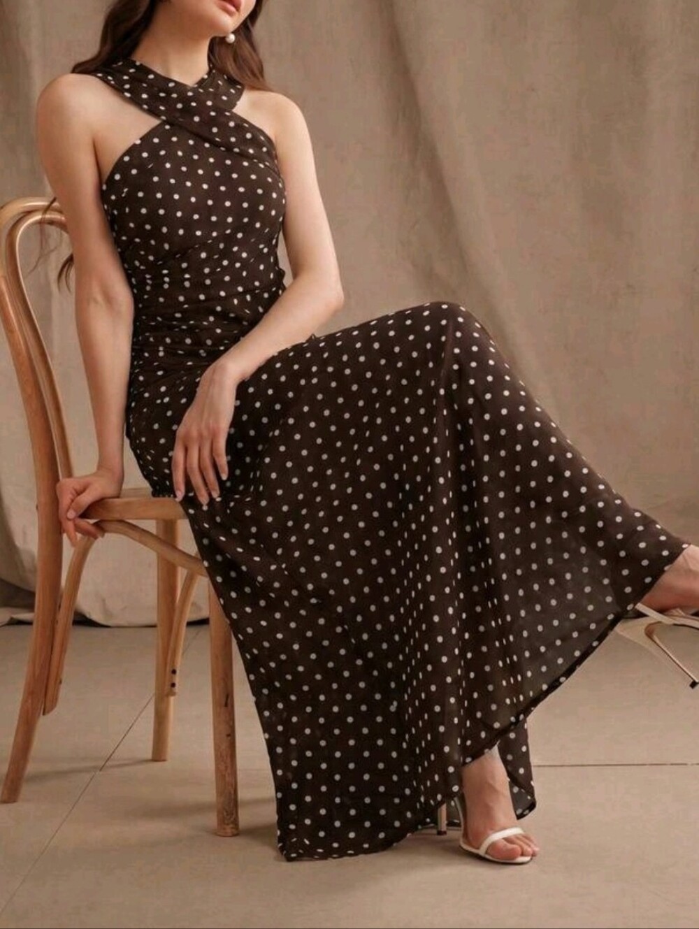 New Flowy Chiffon Polka Dot Halter Ruched Maxi Dress Brown White - Picture 5 of 13
